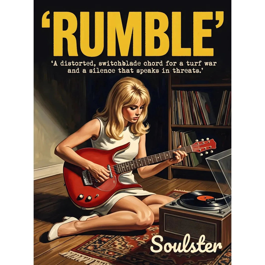 Cinematic pulp book cover style art print inspired by Link Wray - Rumble typography design layout.