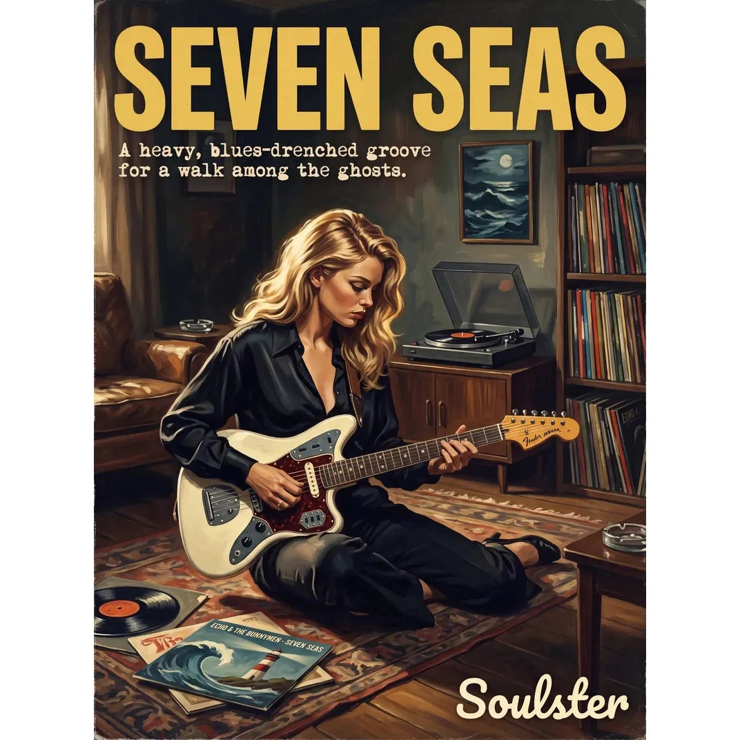 Cinematic pulp book cover style art print inspired by Echo & the Bunnymen - Seven Seas typography design layout.