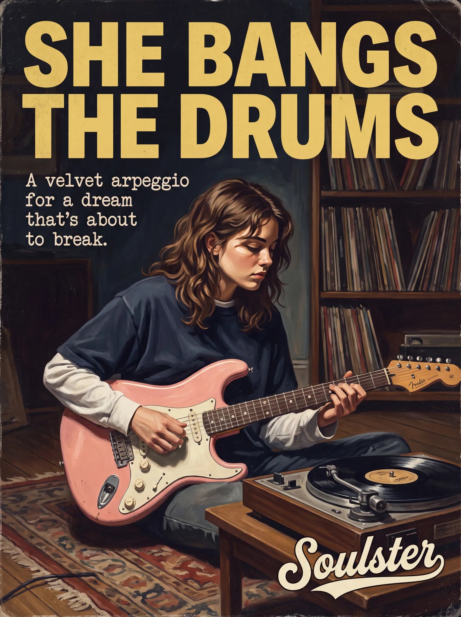 Cinematic pulp book cover style art print inspired by The Stone Roses - She Bangs The Drums typography design layout.