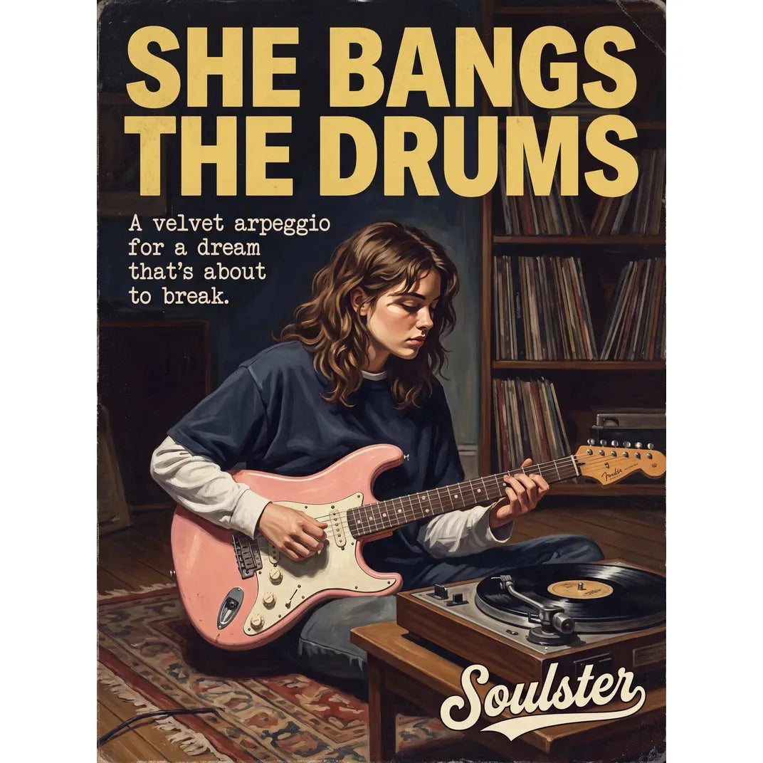 Cinematic pulp book cover style art print inspired by The Stone Roses - She Bangs The Drums typography design layout.