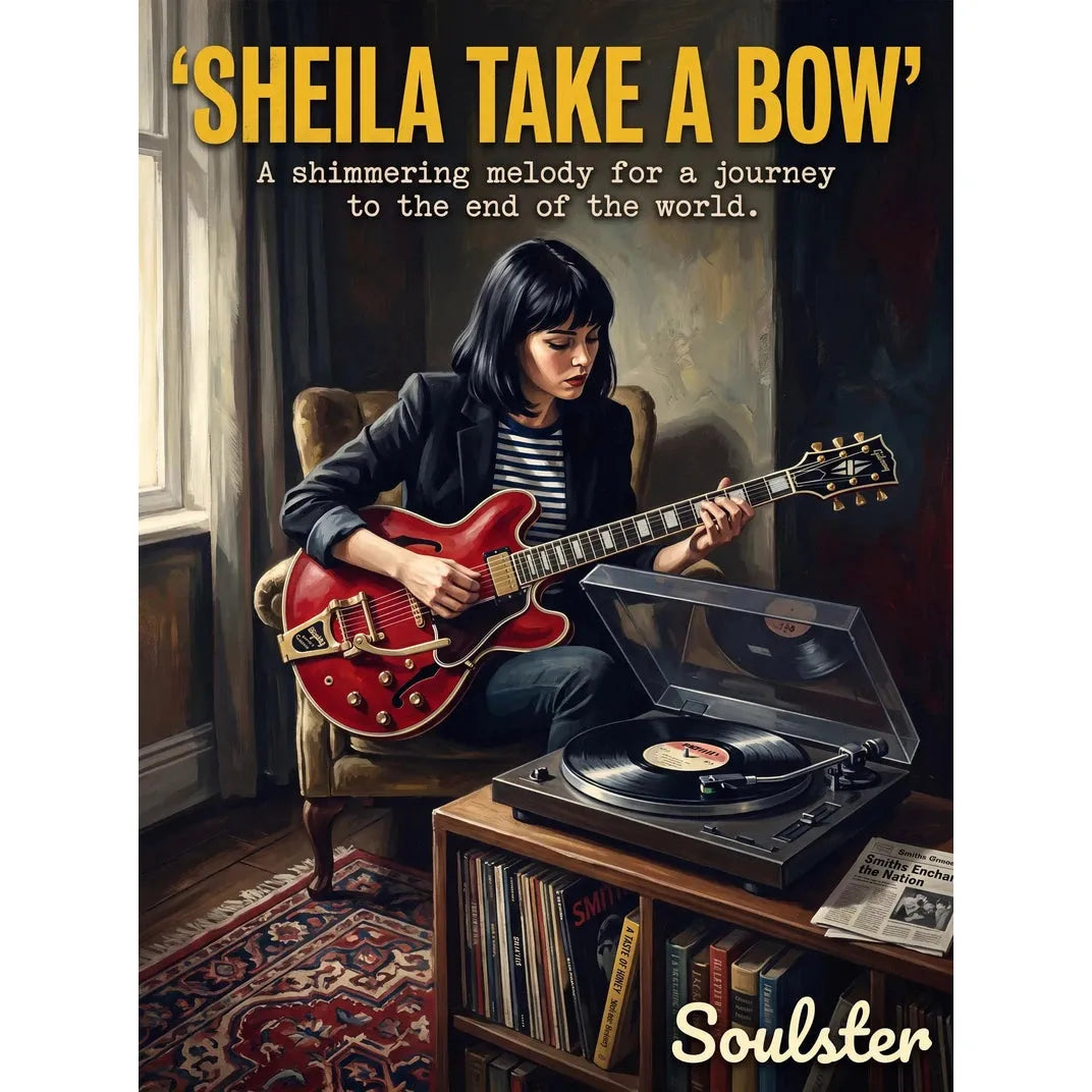 Cinematic pulp book cover style art print inspired by The Smiths - Sheila Take A Bow typography design layout.