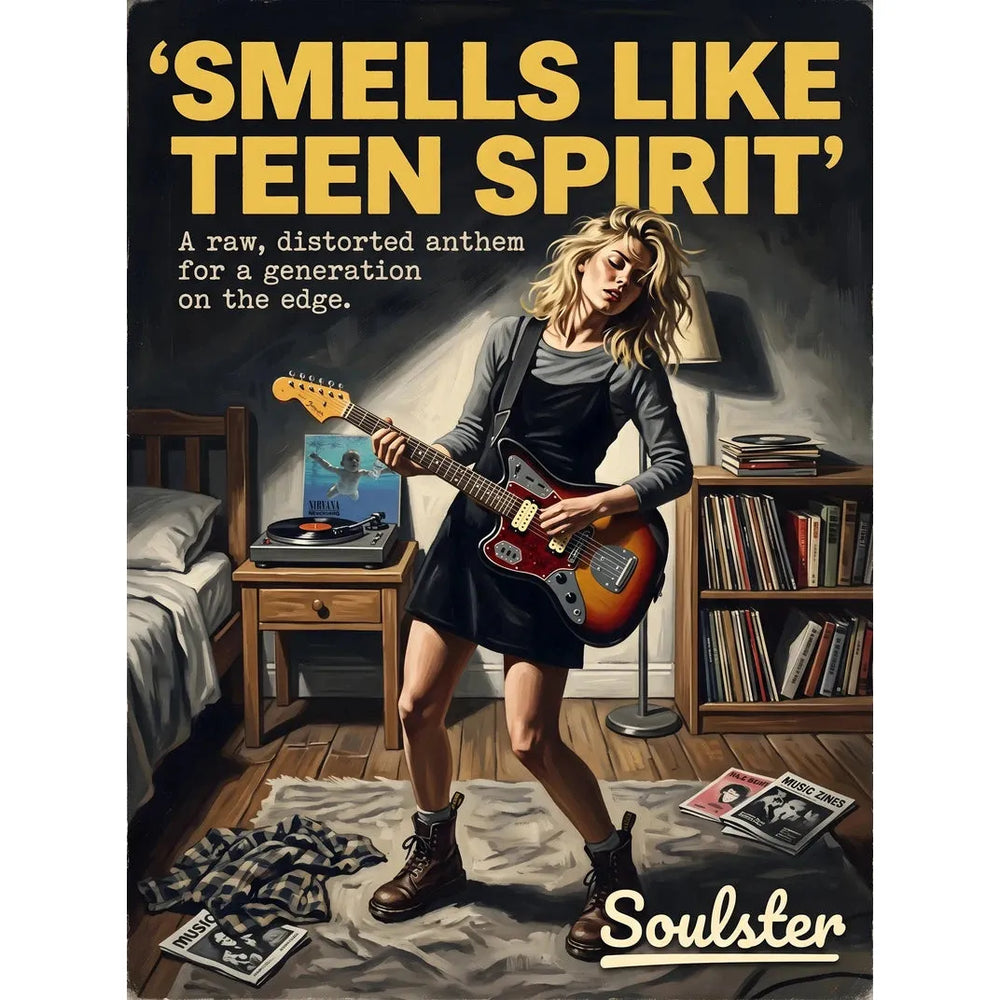 Cinematic pulp book cover style art print inspired by Nirvana - Smells Like Teen Spirit typography design layout.
