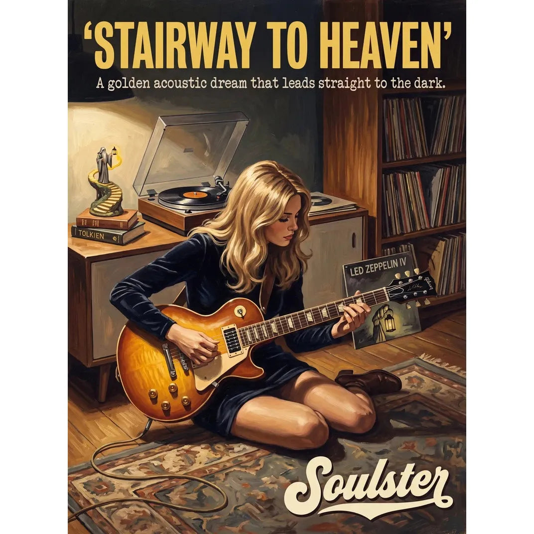Cinematic pulp book cover style art print inspired by Led Zeppelin - Stairway To Heaven typography design layout.