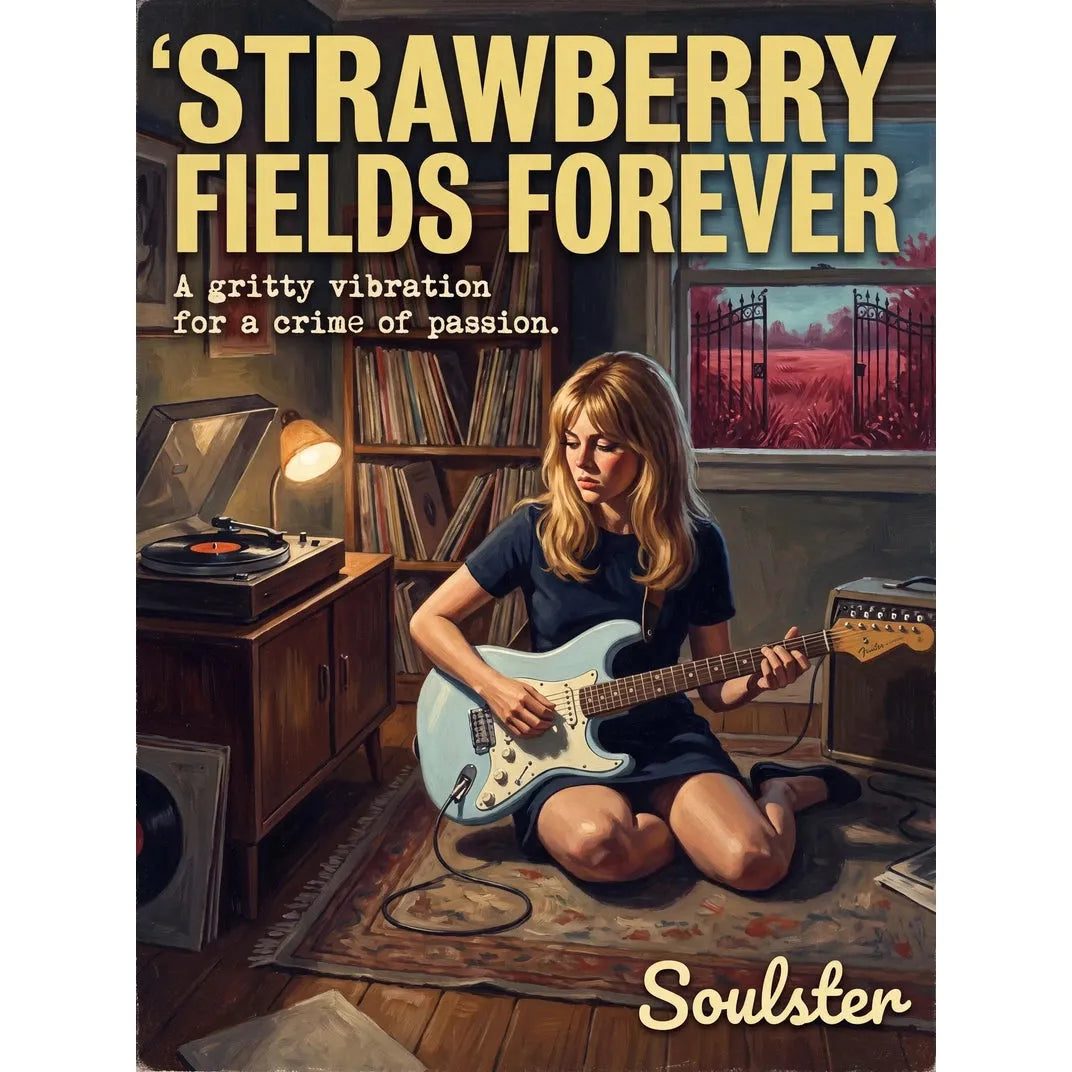 Cinematic pulp book cover style art print inspired by The Beatles - Strawberry Fields Forever typography design layout.
