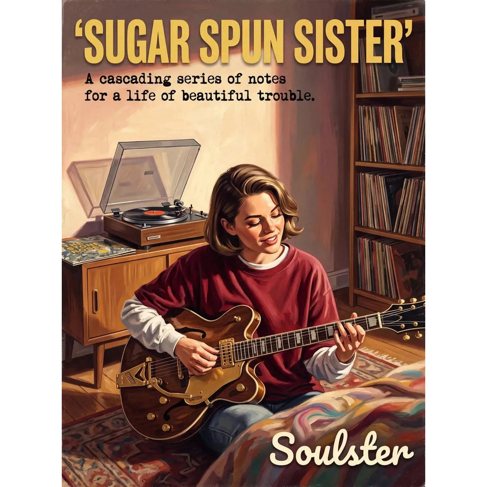 Cinematic pulp book cover style art print inspired by The Stone Roses - Sugar Spun Sister typography design layout.