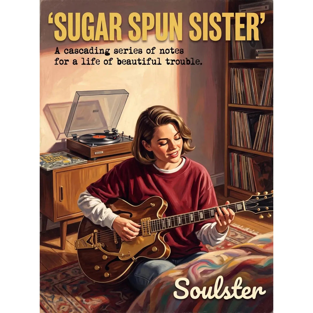 Cinematic pulp book cover style art print inspired by The Stone Roses - Sugar Spun Sister typography design layout.