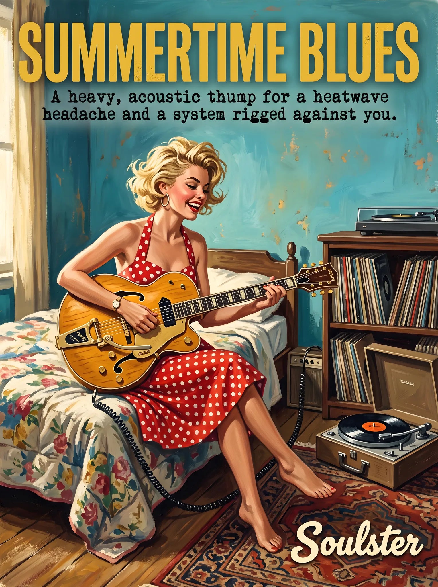 Cinematic pulp book cover style art print inspired by Alternative Music - Summertime Blues typography design layout.