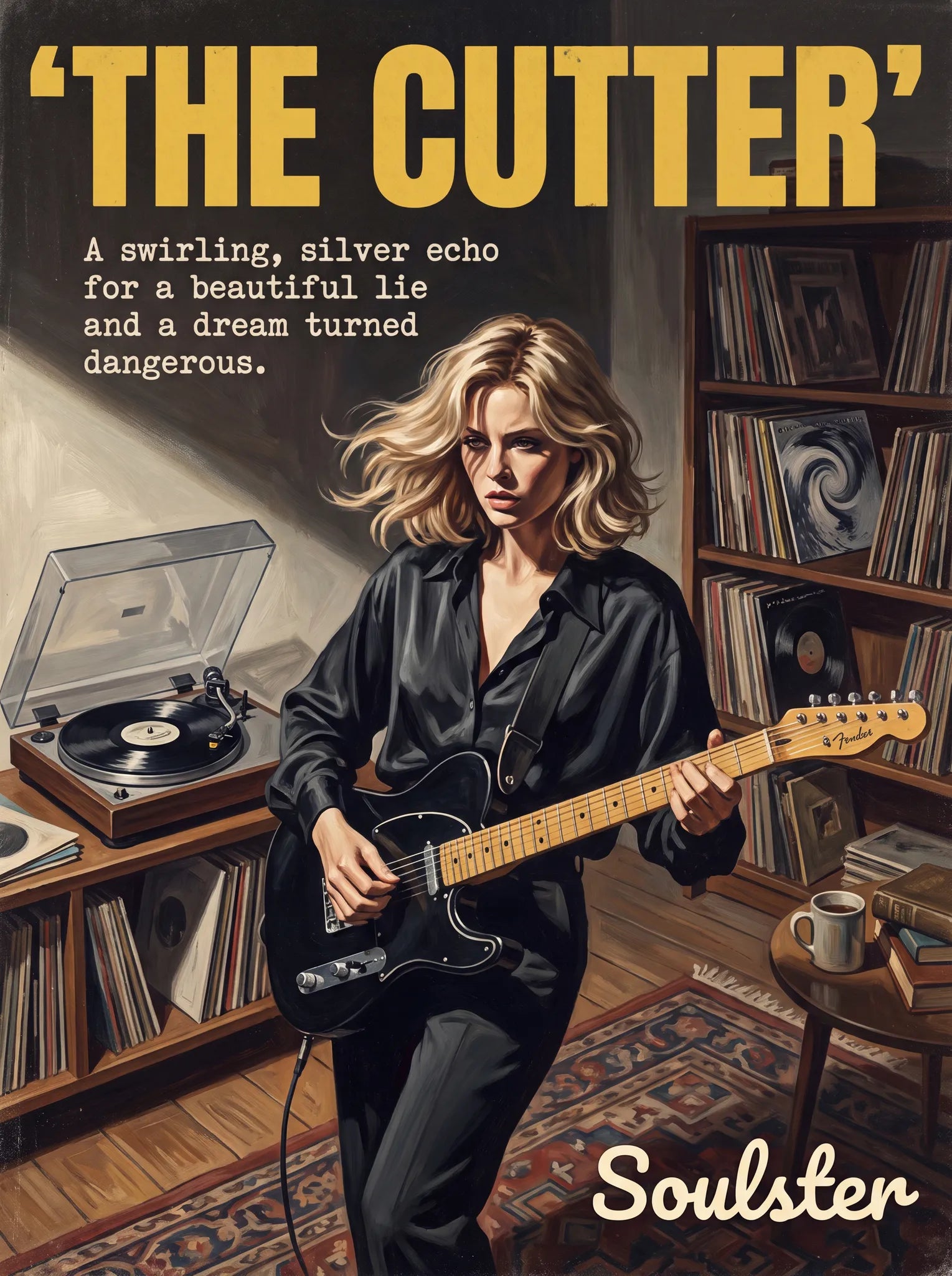 Cinematic pulp book cover style art print inspired by Echo & the Bunnymen - The Cutter typography design layout.