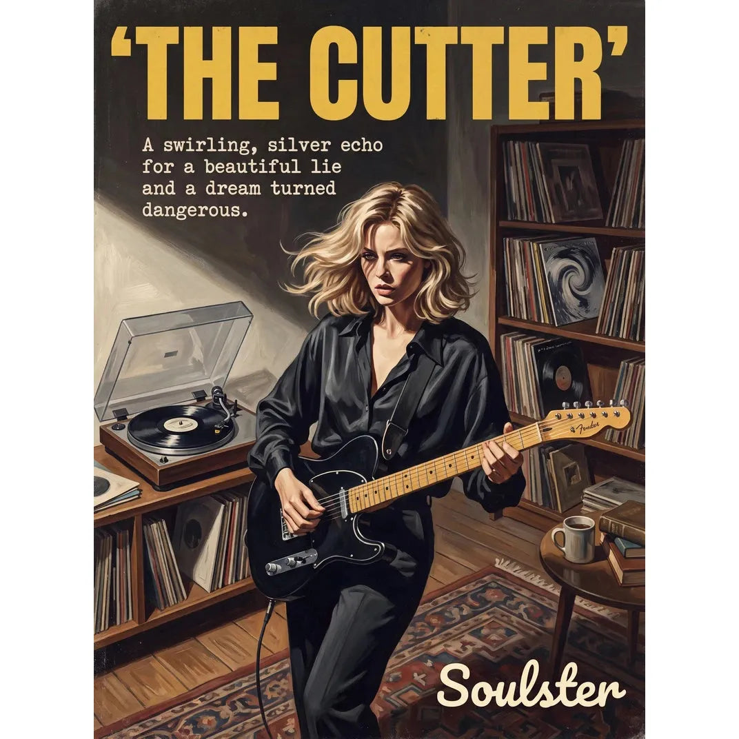Cinematic pulp book cover style art print inspired by Echo & the Bunnymen - The Cutter typography design layout.
