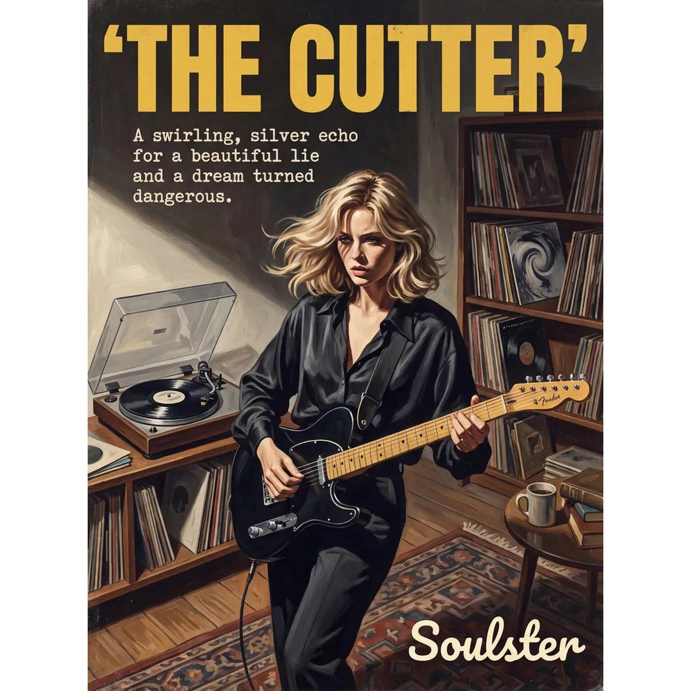 Cinematic pulp book cover style art print inspired by Echo & the Bunnymen - The Cutter typography design layout.