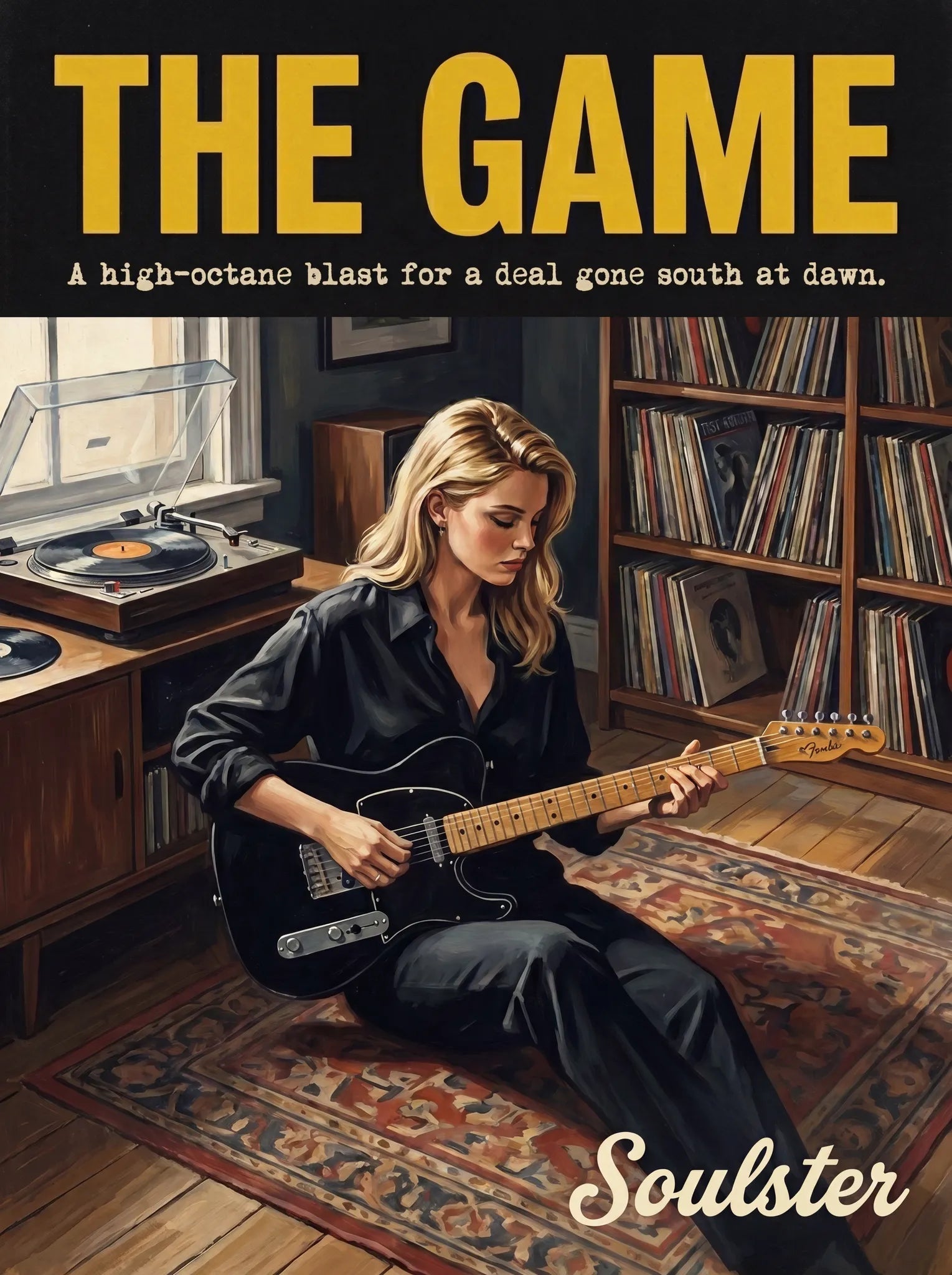 Cinematic pulp book cover style art print inspired by Echo & the Bunnymen - The Game typography design layout.