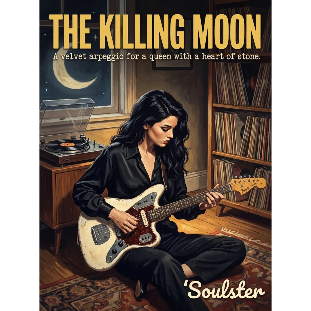 Cinematic pulp book cover style art print inspired by Echo & the Bunnymen - The Killing Moon typography design layout.