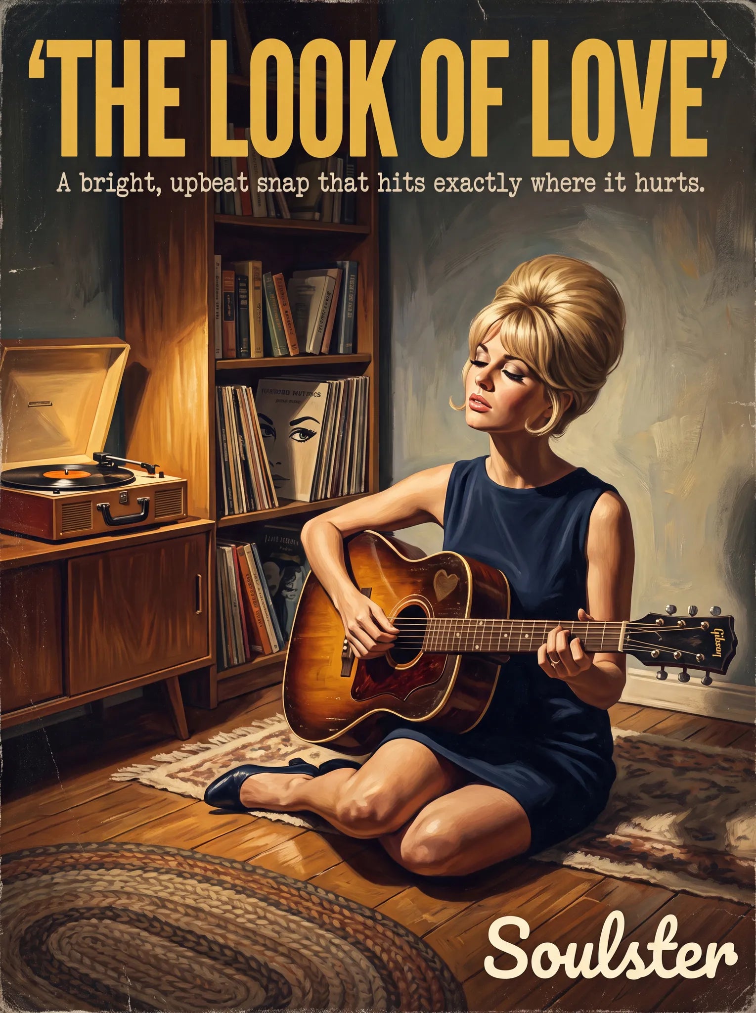 Cinematic pulp book cover style art print inspired by Dusty Springfield - The Look Of Love typography design layout.