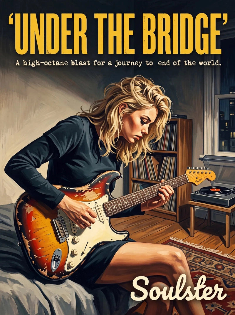 Cinematic pulp book cover style art print inspired by Red Hot Chilli Peppers - Under The Bridge typography design layout.