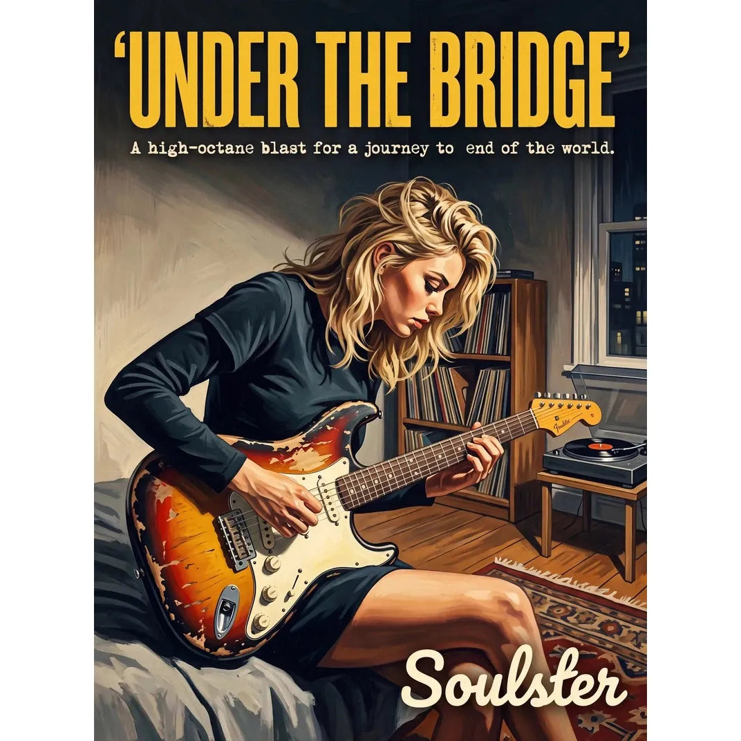 Cinematic pulp book cover style art print inspired by Red Hot Chilli Peppers - Under The Bridge typography design layout.