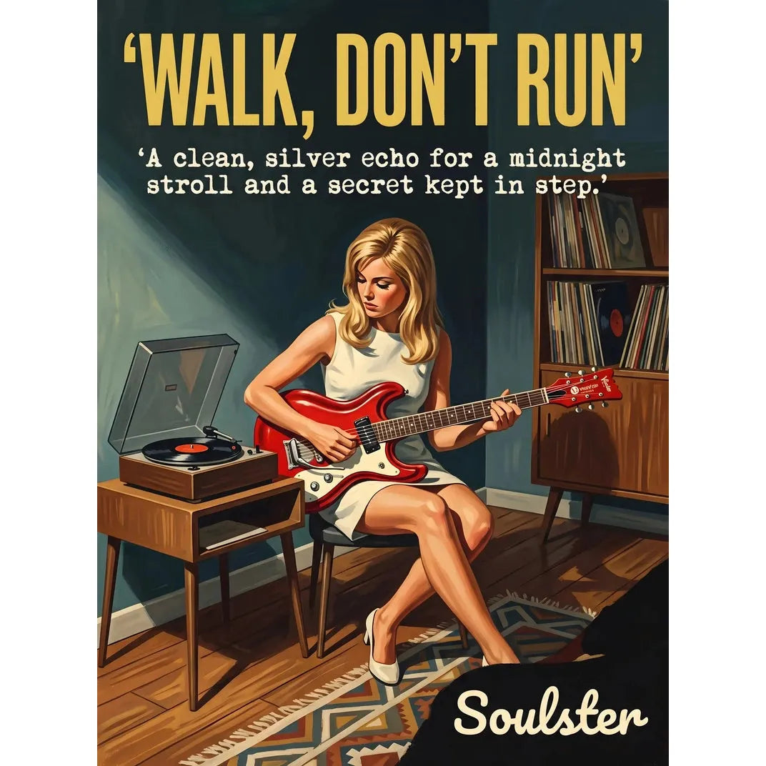 Cinematic pulp book cover style art print inspired by The Ventures - Walk, Don't Run typography design layout.
