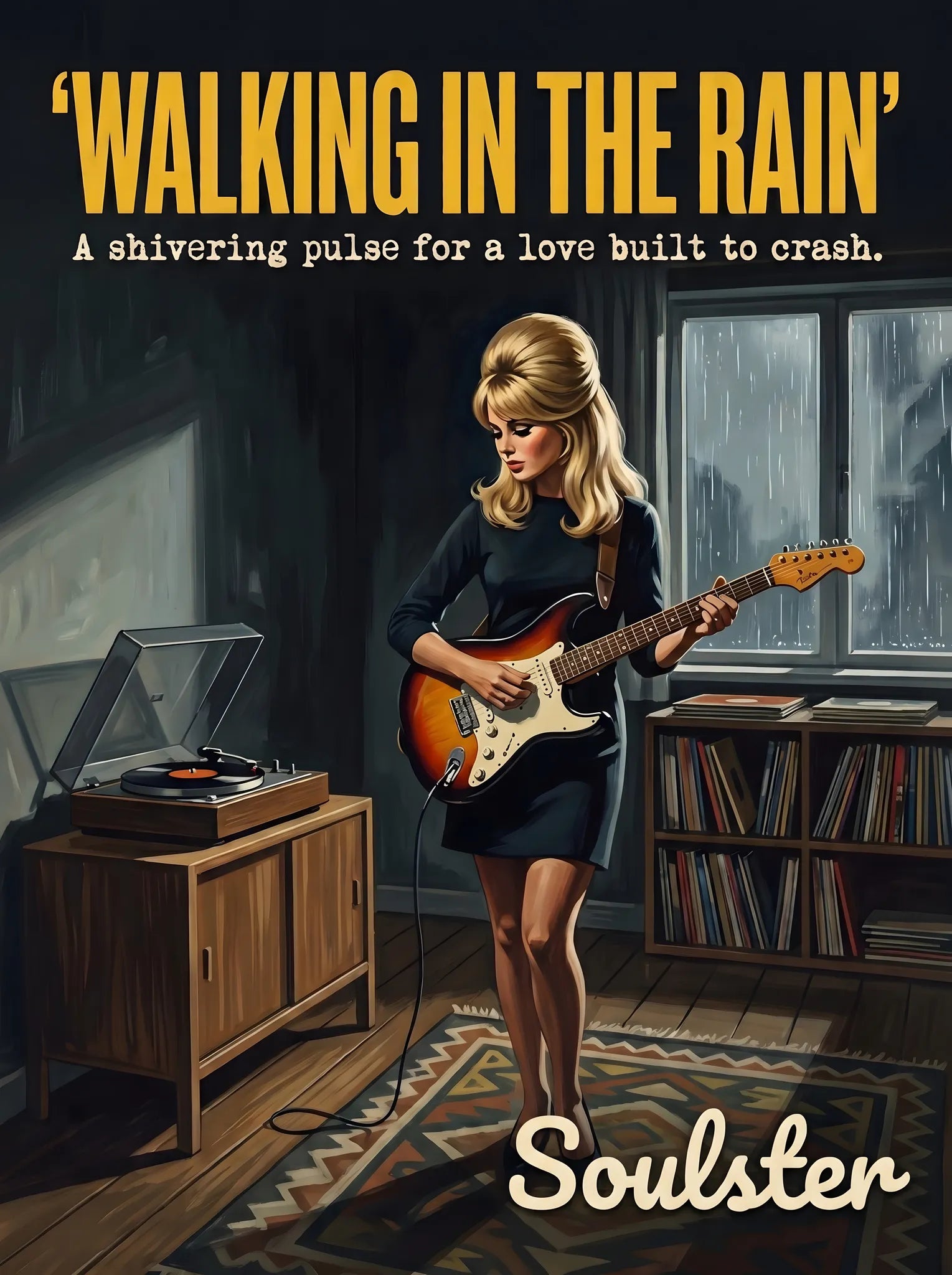 Cinematic pulp book cover style art print inspired by The Ronettes - Walking In The Rain typography design layout.