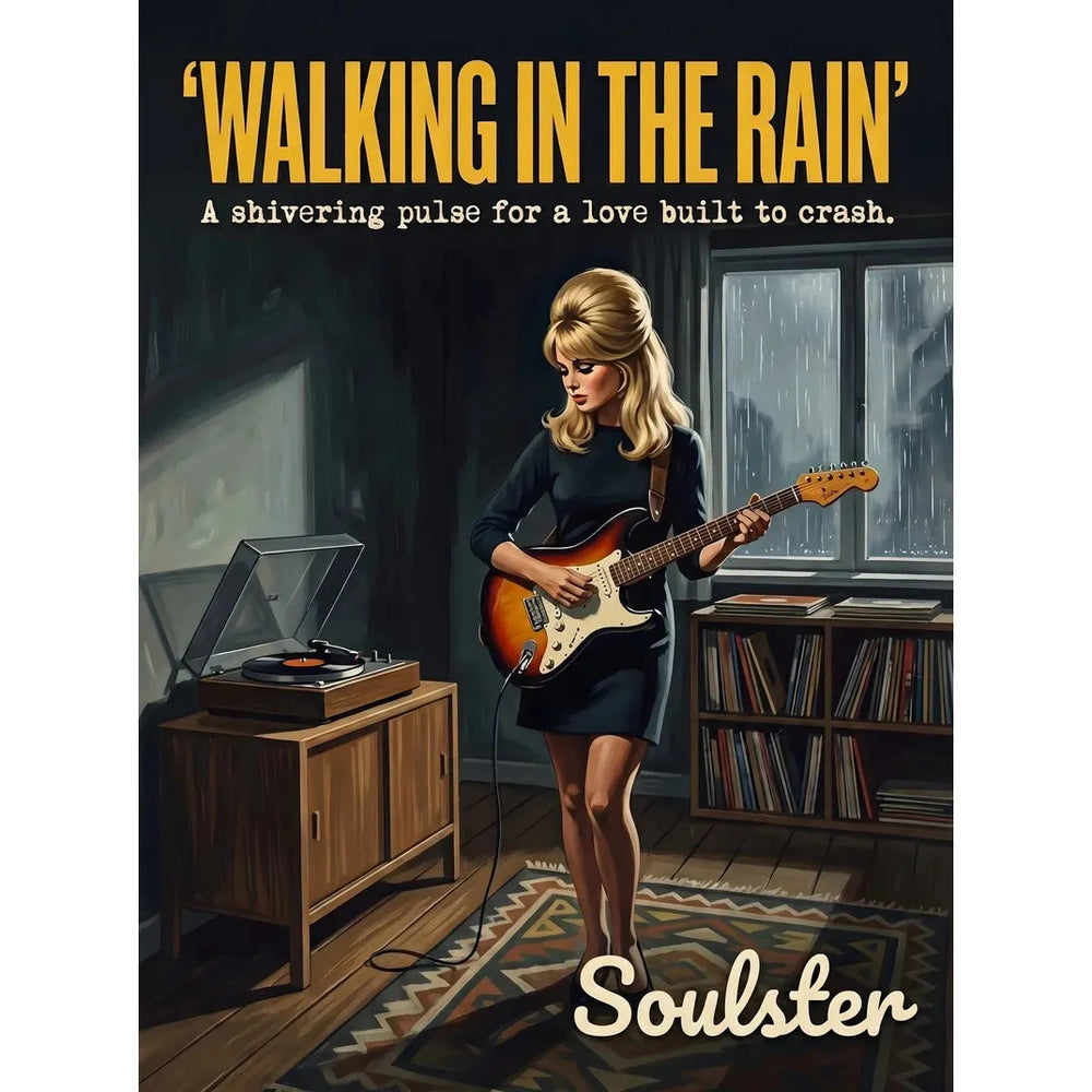Cinematic pulp book cover style art print inspired by The Ronettes - Walking In The Rain typography design layout.