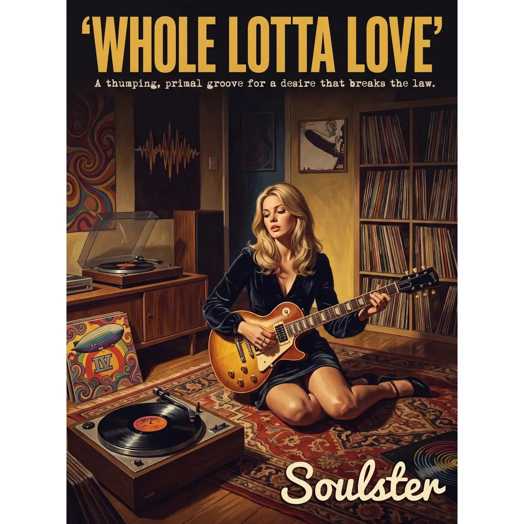 Cinematic pulp book cover style art print inspired by Led Zeppelin - Whole Lotta Love typography design layout.