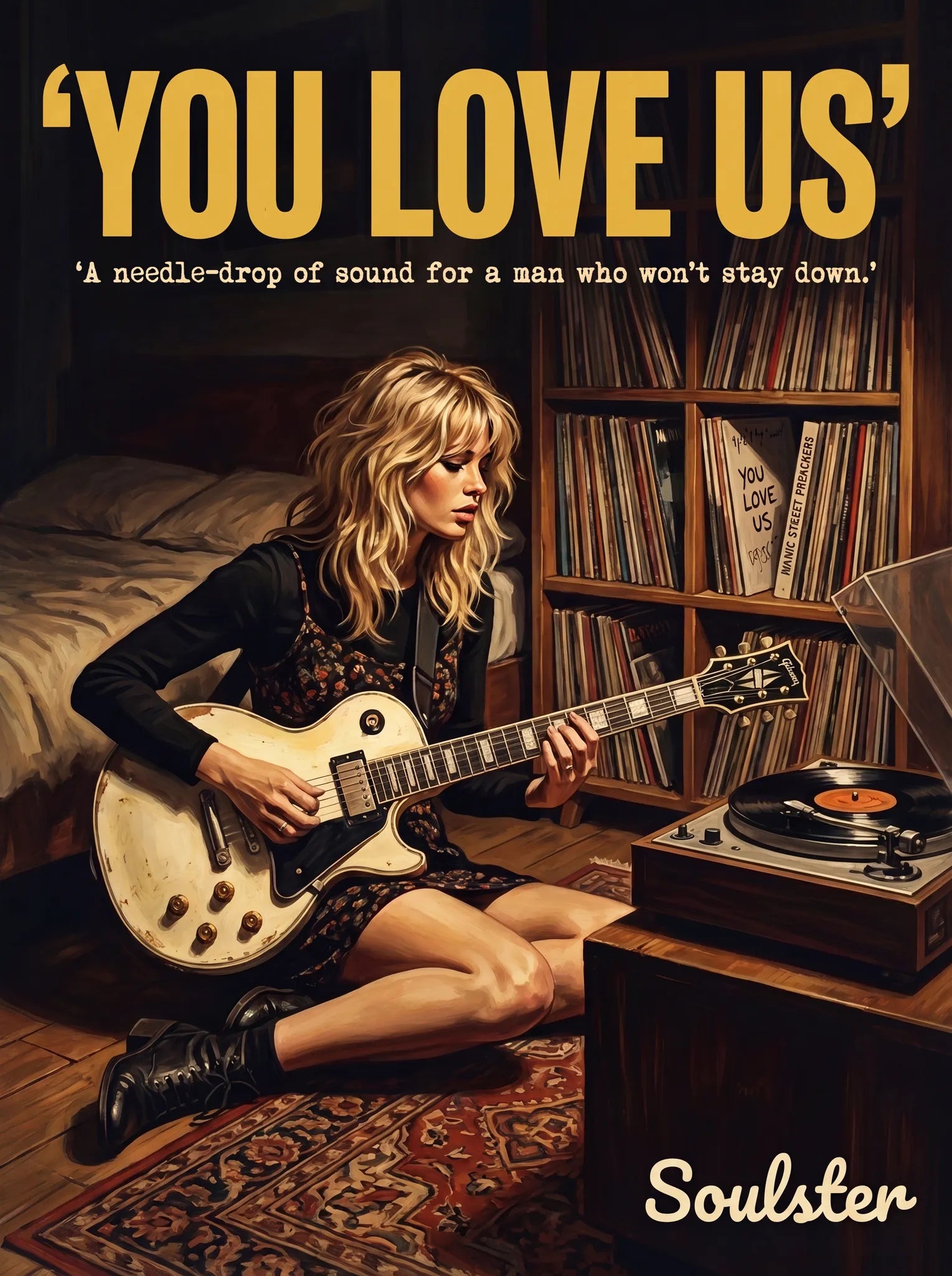 Cinematic pulp book cover style art print inspired by Manic Street Preachers - You Love Us typography design layout.