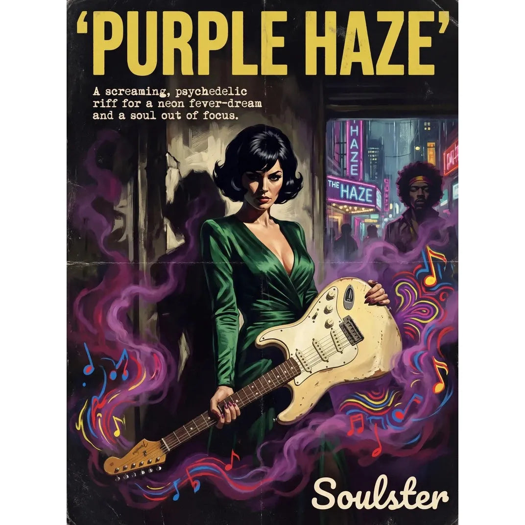 Soulster cinematic vintage pulp book cover art print illustration styled in a classic 1950s design layout inspired by Purple Haze.