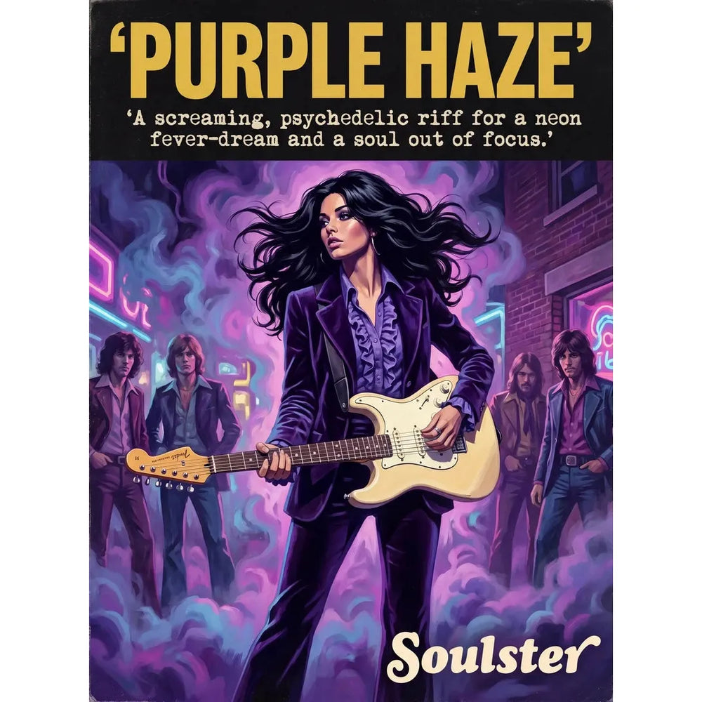 Soulster cinematic vintage pulp book cover art print illustration styled in a classic 1970s design layout inspired by Purple Haze.