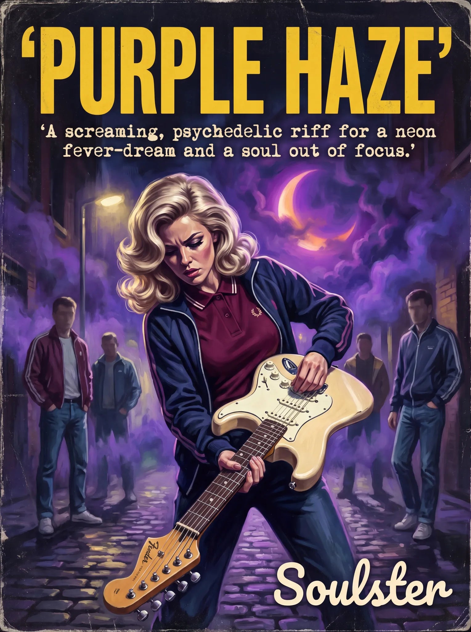 Soulster retro pulp thriller book cover style art print illustration inspired by Alternative Indie - Purple Haze.