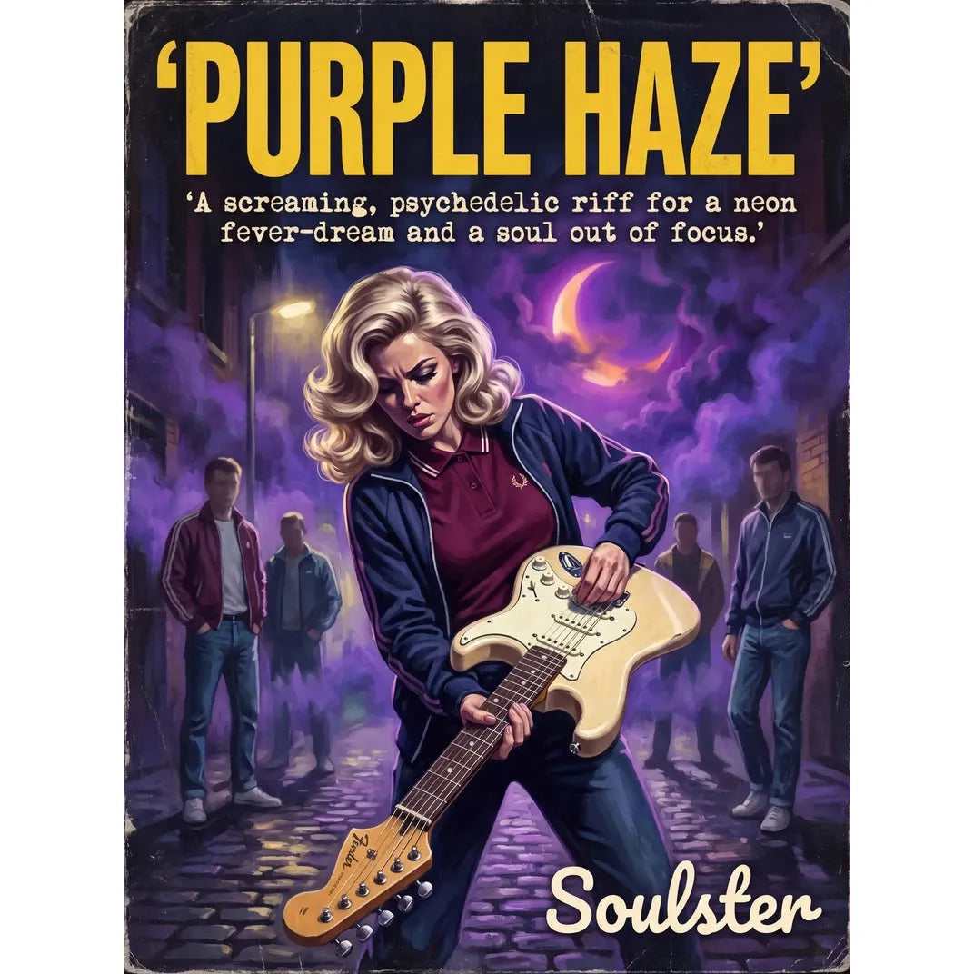 Soulster retro pulp thriller book cover style art print illustration inspired by Alternative Indie - Purple Haze.