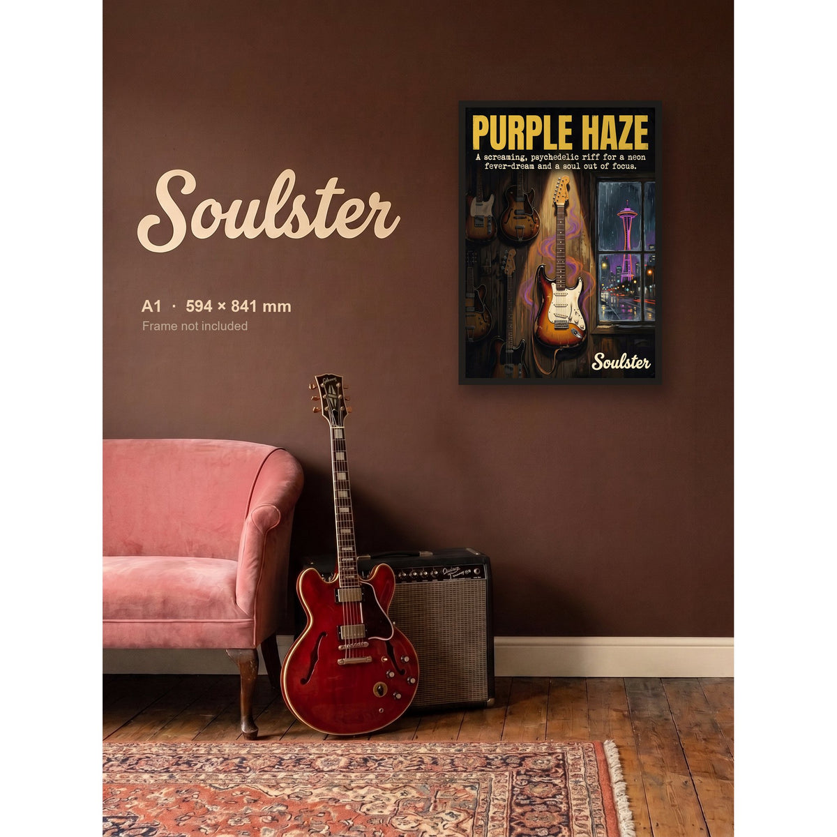 Purple Haze - Seattle shown framed on a wall in A1 size. Frame not included.