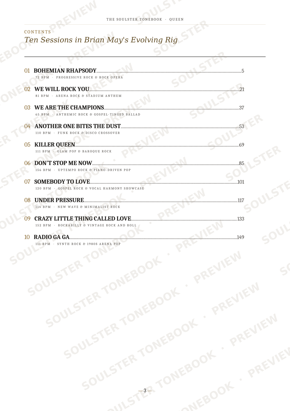 A preview page of a songlist or table of contents for 'Ten Sessions in Brian May's Evolving Rig' from The Soulster Jamboos, showing track titles and page numbers with a diagonal 'SOULSTER TONEBOOK PREVIEW' watermark.