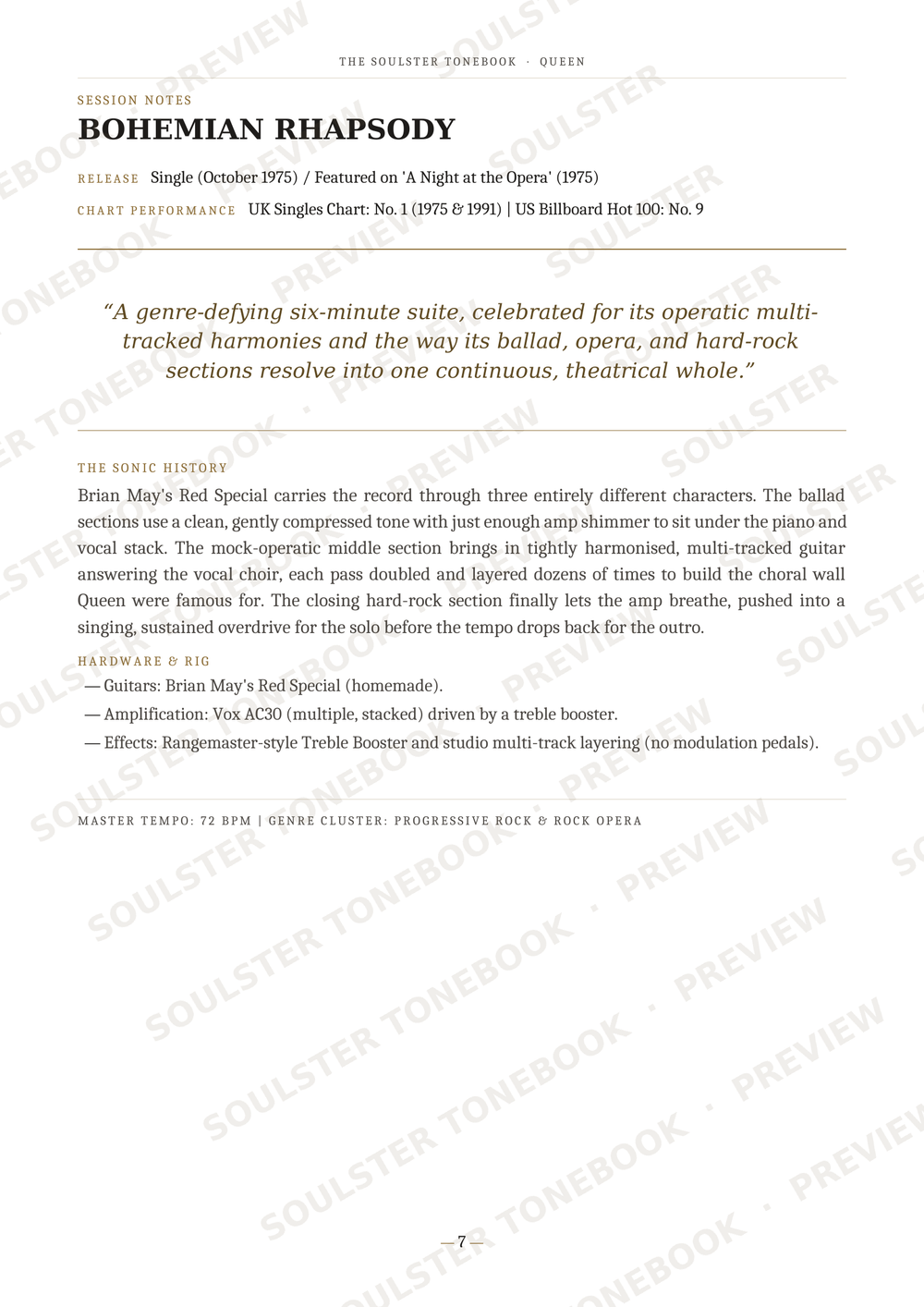 A printed page from a music publication featuring the song 'Bohemian Rhapsody' by Queen, with a quote, track history, and track listing details. The page has a white background with black text and diagonal watermark text across it.