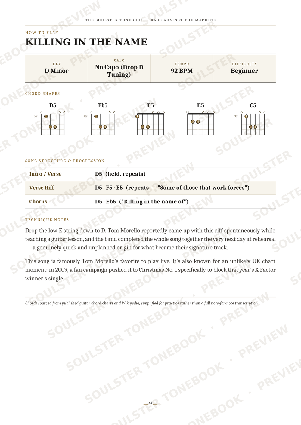 A printed sheet music page for the song 'Killing in the Name' by D Tom Morsley, showing chord charts for D minor, E minor, F major, and G major, along with verse and chorus lyrics and a brief history note.