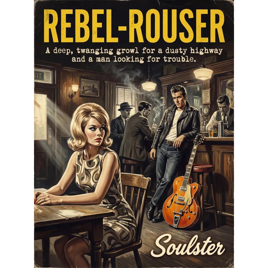 Soulster cinematic vintage pulp book cover art print illustration styled in a classic 1960s theme inspired by Rebel-'Rouser.