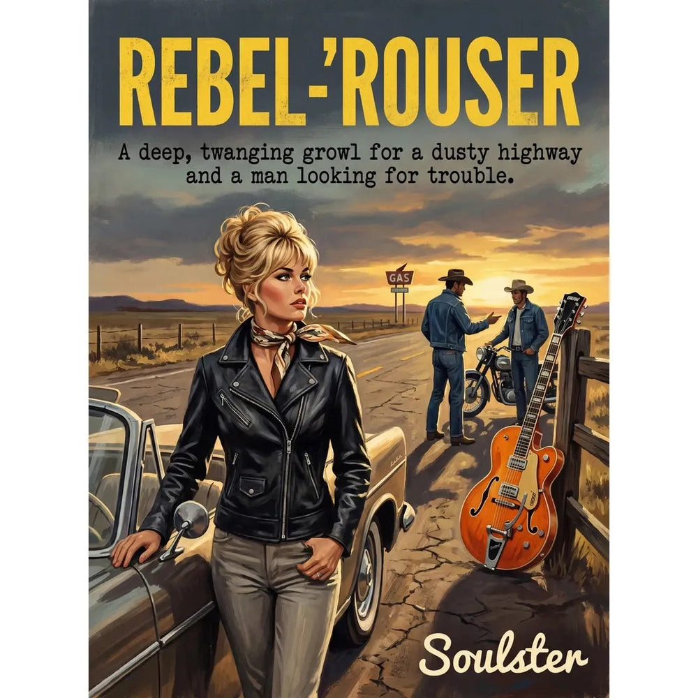 Soulster cinematic vintage pulp book cover art print illustration styled in a classic 1970s theme inspired by Rebel-'Rouser.