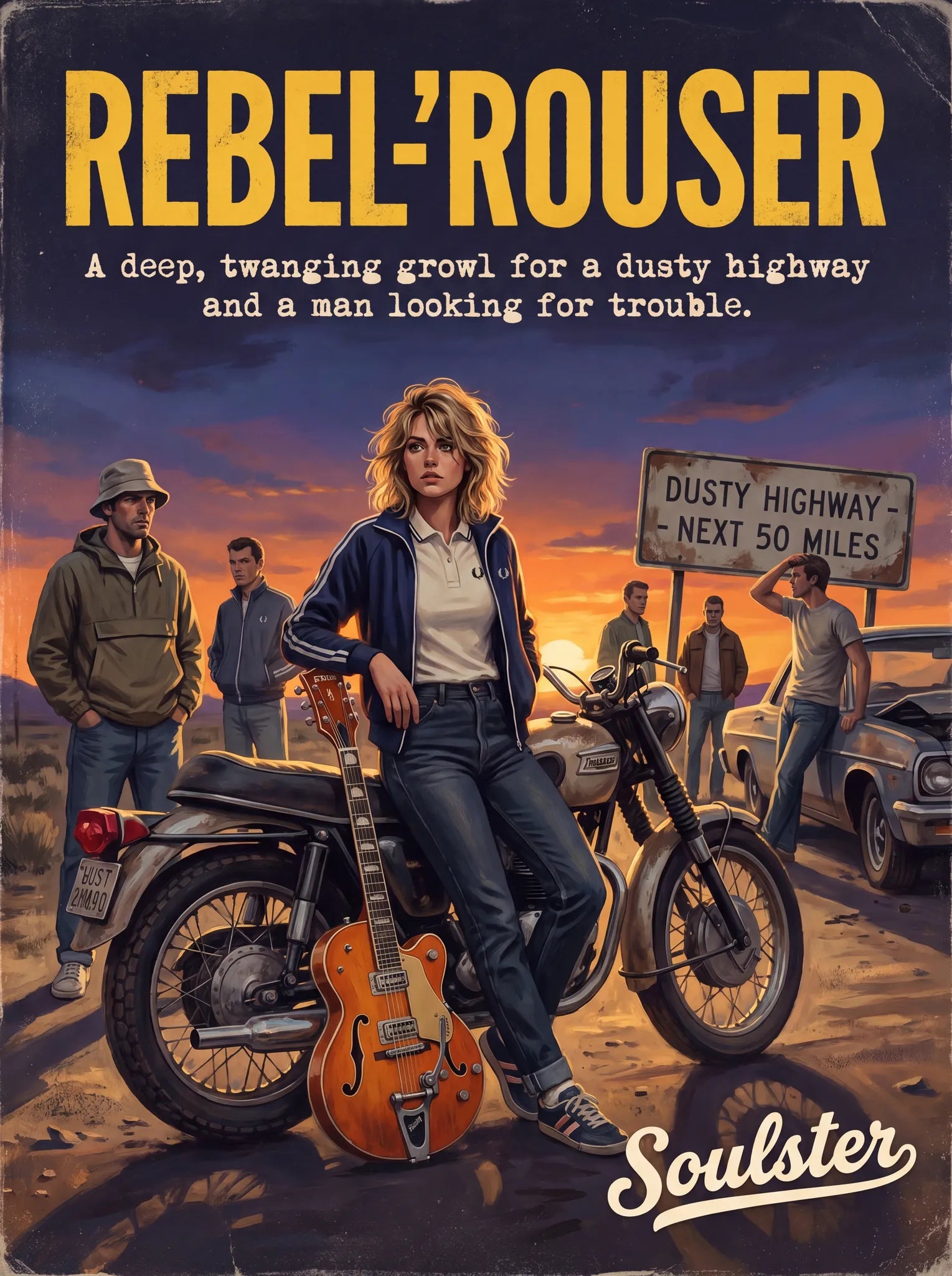 Soulster retro pulp thriller book cover style art print illustration inspired by Alternative Indie - Rebel-'Rouser.