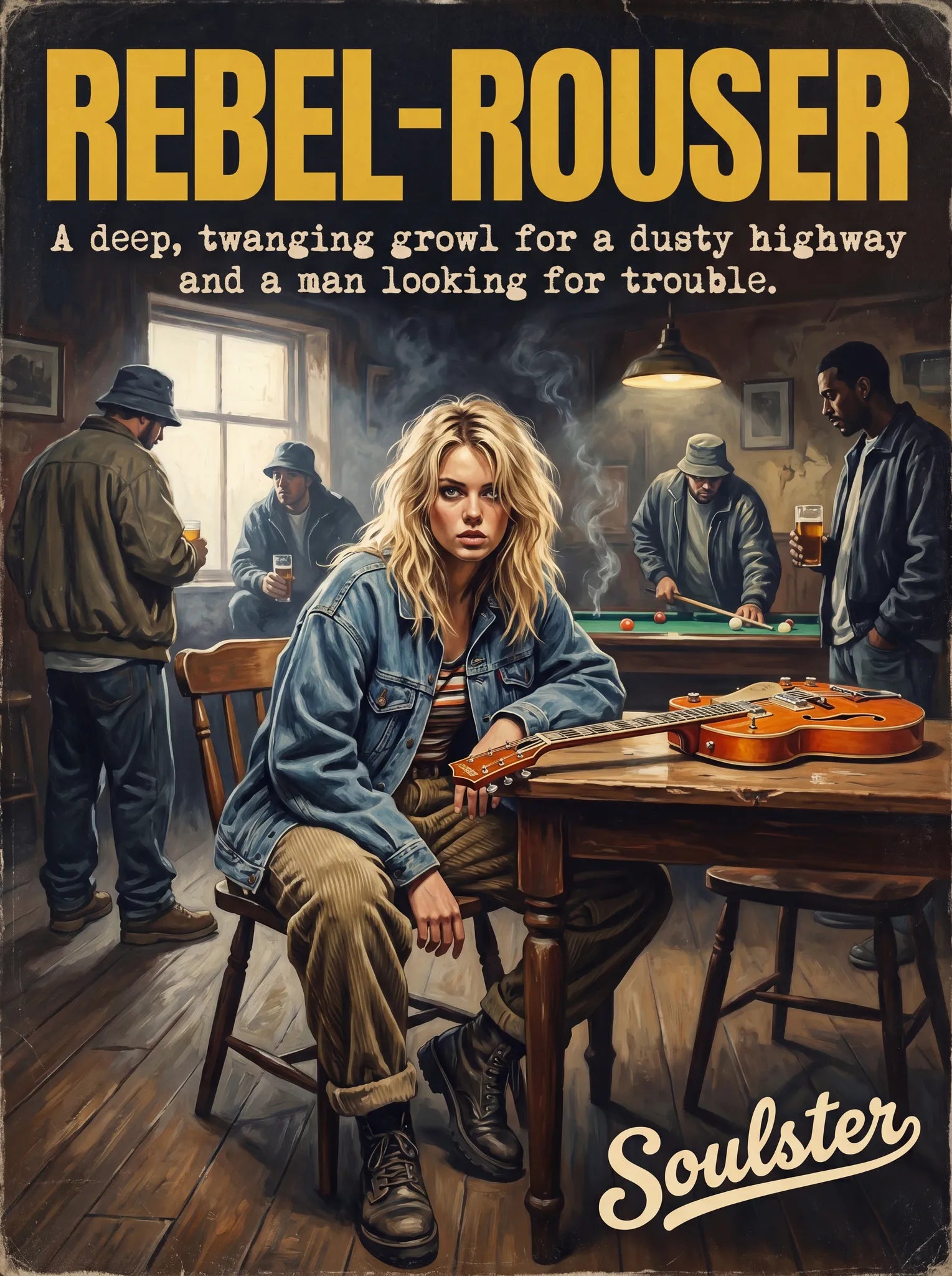 Soulster cinematic vintage pulp book cover art print illustration styled in a classic 1990s theme inspired by Rebel-'Rouser.