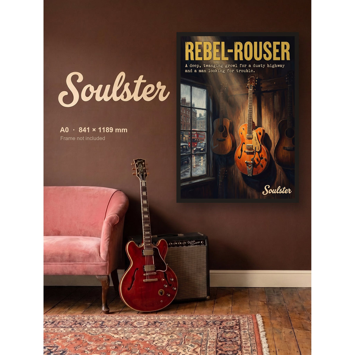 Rebel-'rouser - London shown framed on a wall in A0 size. Frame not included.