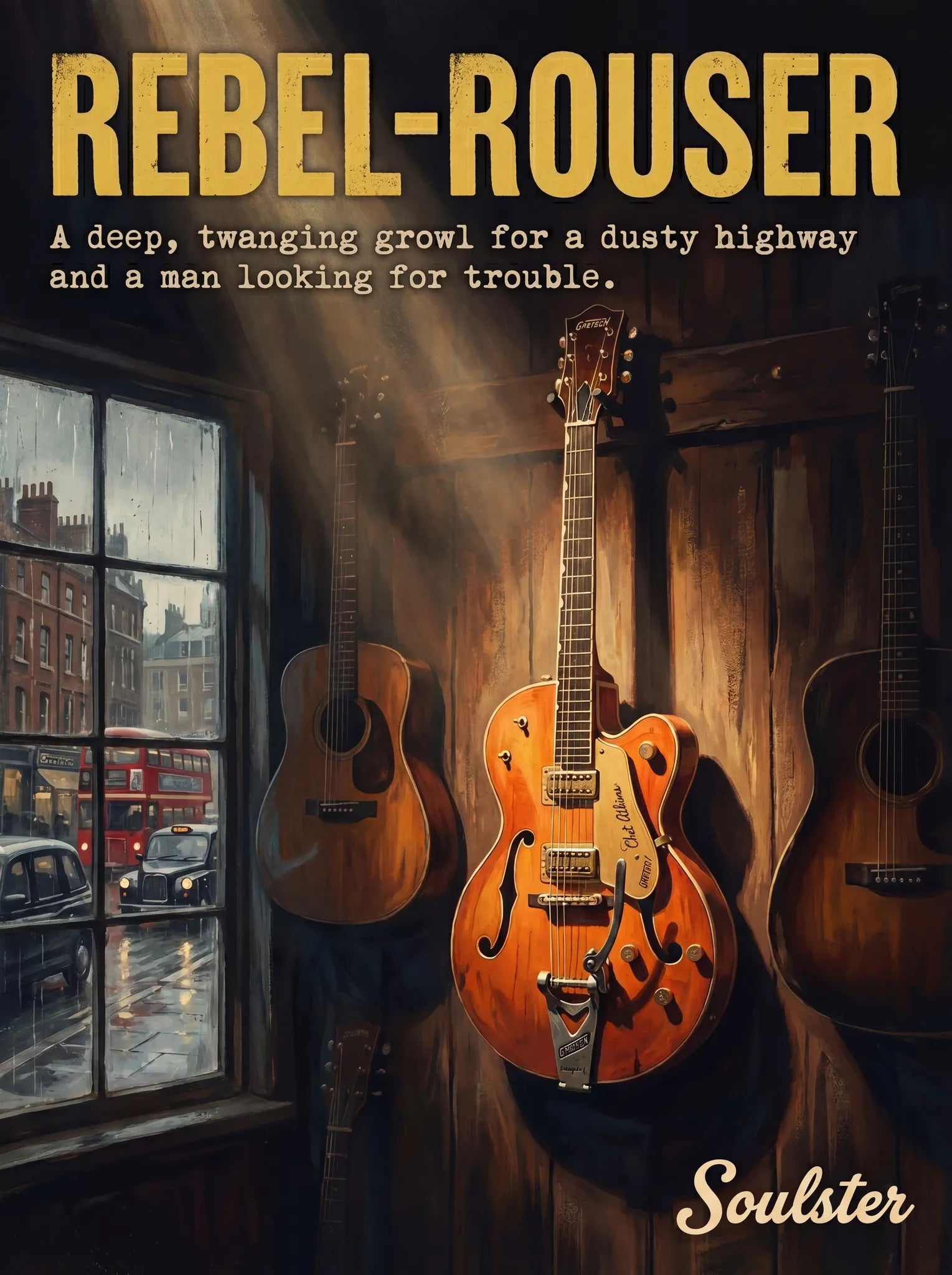 Soulster Manchester Edition wall art print showing a cinematic pulp style design of a Vintage Guitar inspired by Rebel-'rouser - London.