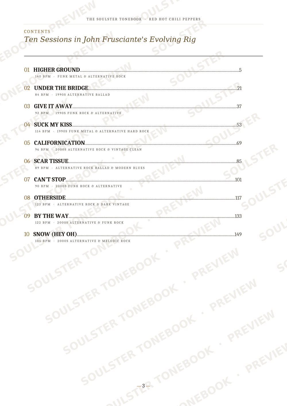 A printed table of contents page from a book titled "Ten Sessions in John Fruscianti's Evolving Rig" with numbered sections and page numbers, overlaid with repeated diagonal "SOULSTER TONEBOOK PREVIEW" watermarks.
