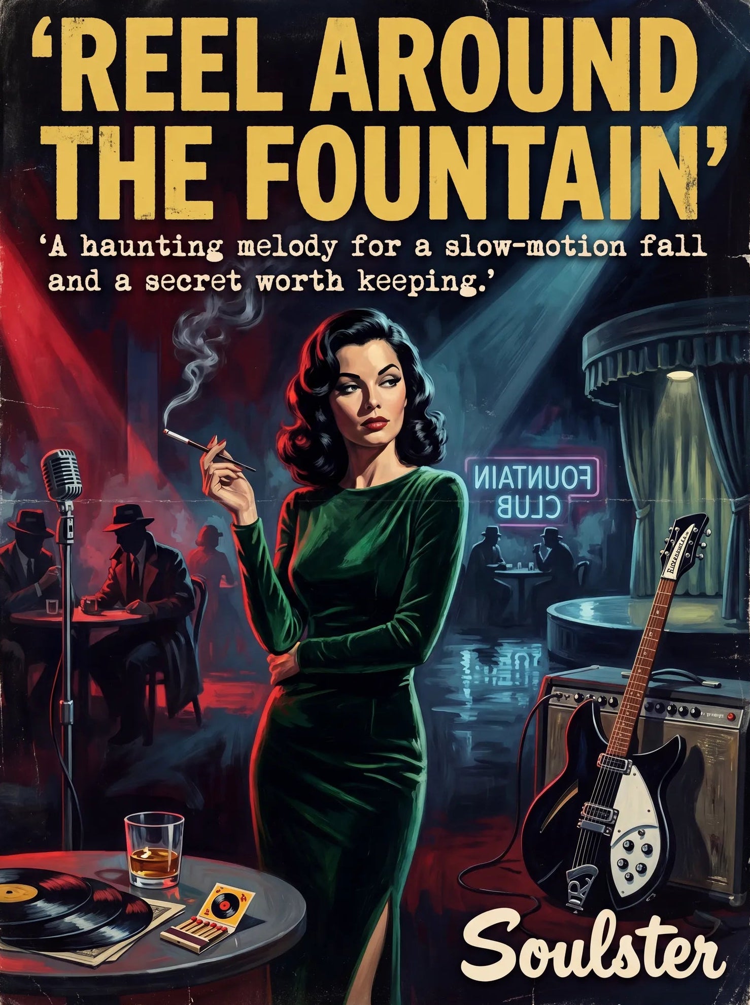 Soulster cinematic vintage pulp book cover art print illustration styled in a classic 1950s design layout inspired by Reel Around The Fountain.