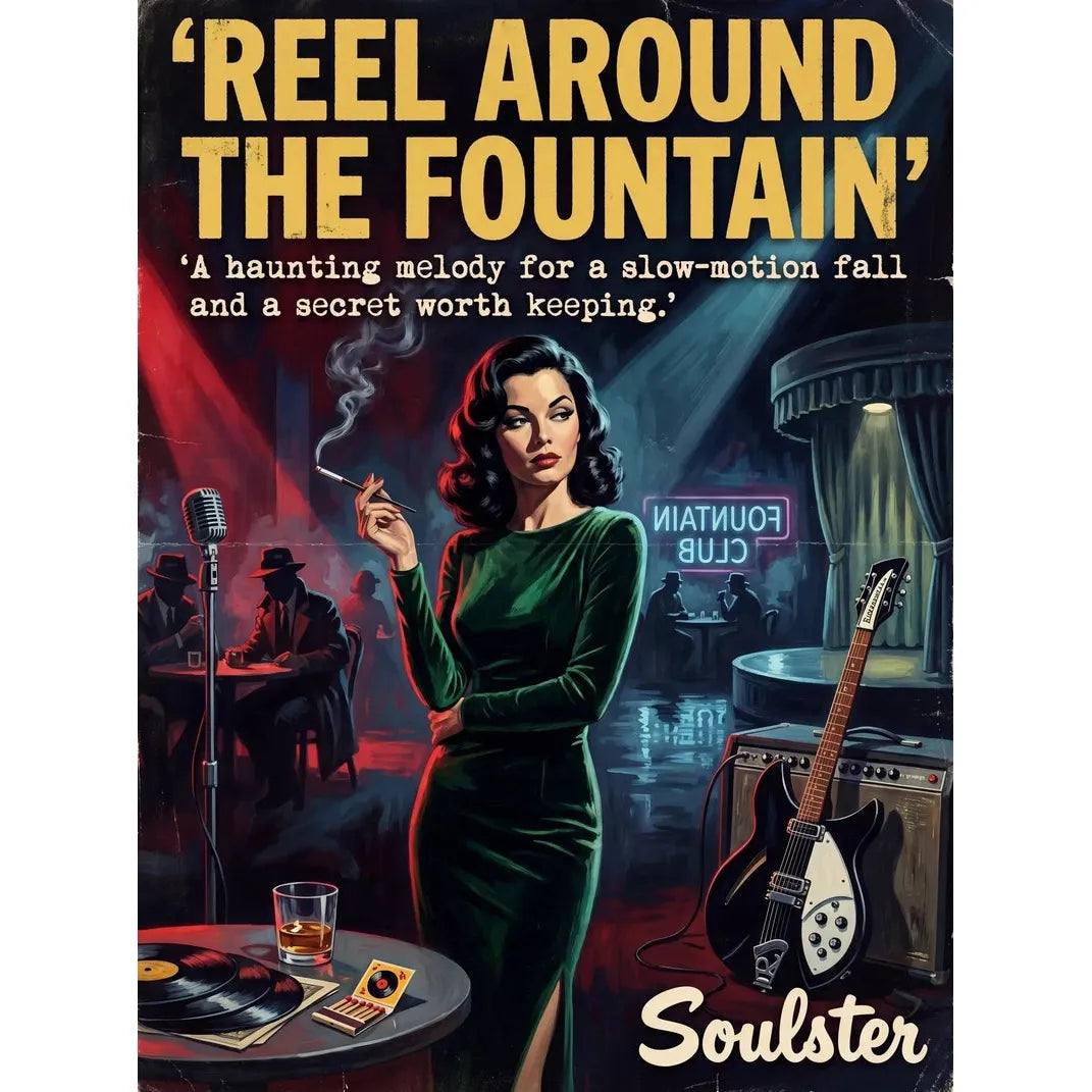 Soulster cinematic vintage pulp book cover art print illustration styled in a classic 1950s design layout inspired by Reel Around The Fountain.
