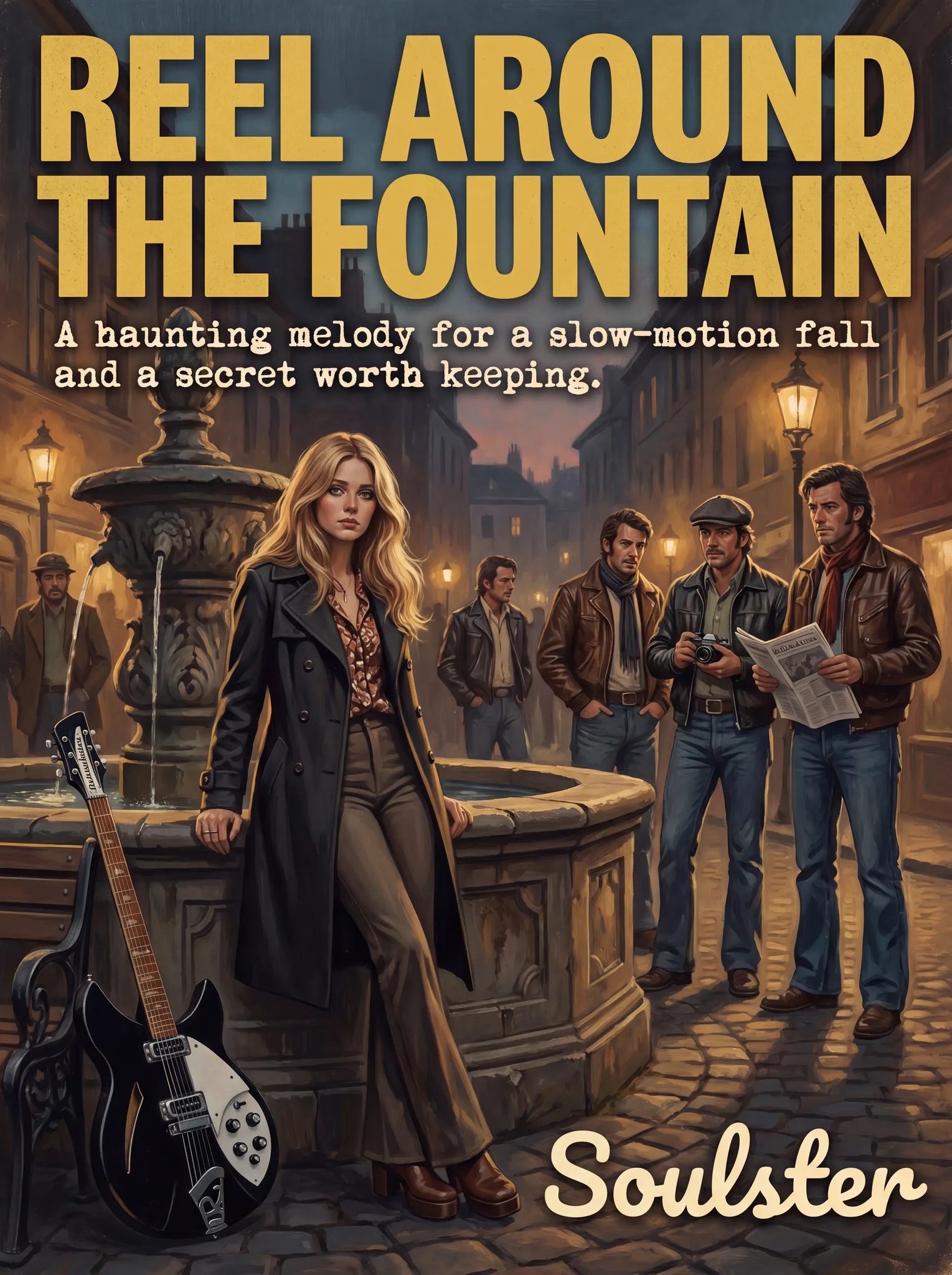 Soulster cinematic vintage pulp book cover art print illustration styled in a classic 1970s design layout inspired by Reel Around The Fountain.