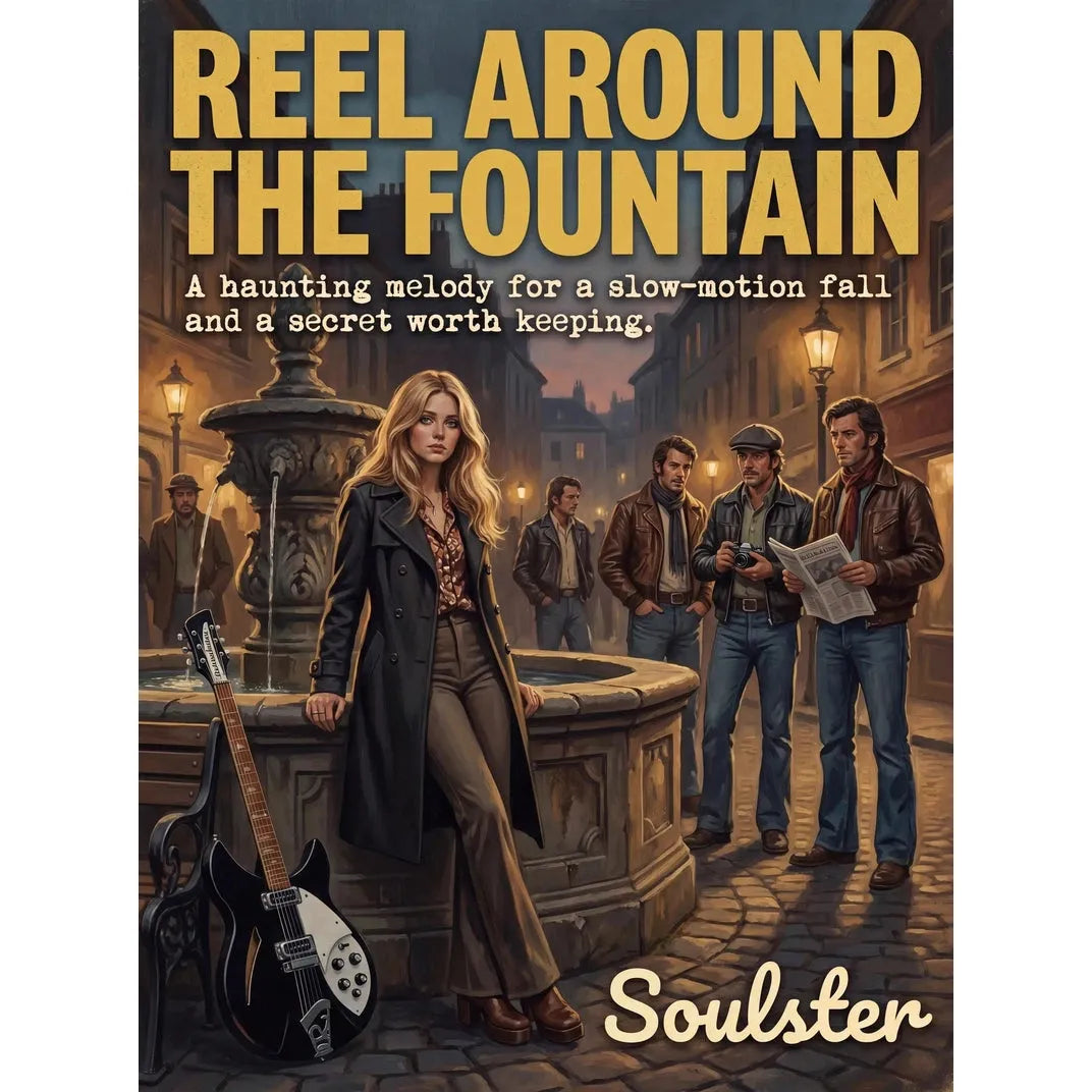 Soulster cinematic vintage pulp book cover art print illustration styled in a classic 1970s design layout inspired by Reel Around The Fountain.