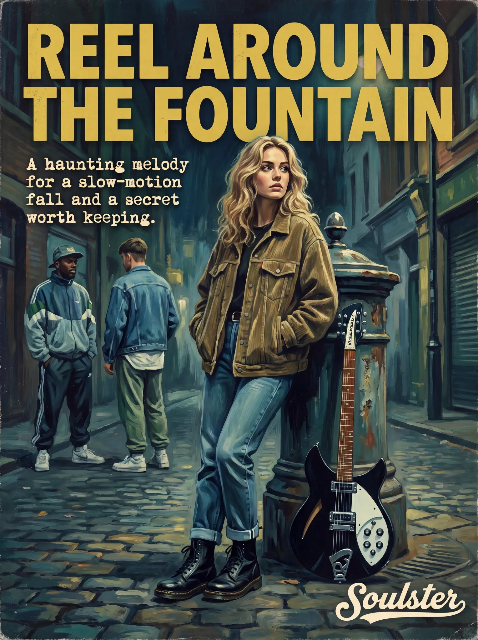 Soulster cinematic vintage pulp book cover art print illustration styled in a classic 1990s design layout inspired by Reel Around The Fountain.