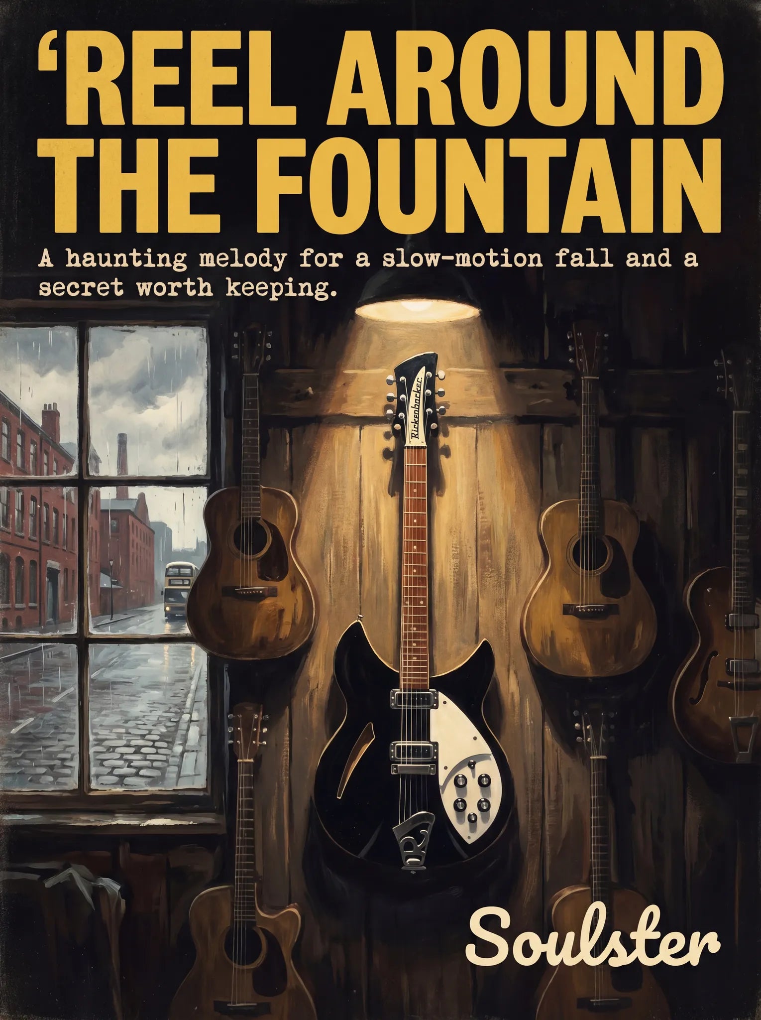 Soulster Manchester Edition wall art print showing a cinematic pulp style design of a Rickenbacker 330 inspired by Reel Around The Fountain.