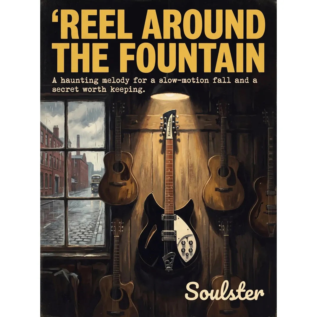 Soulster Manchester Edition wall art print showing a cinematic pulp style design of a Rickenbacker 330 inspired by Reel Around The Fountain.