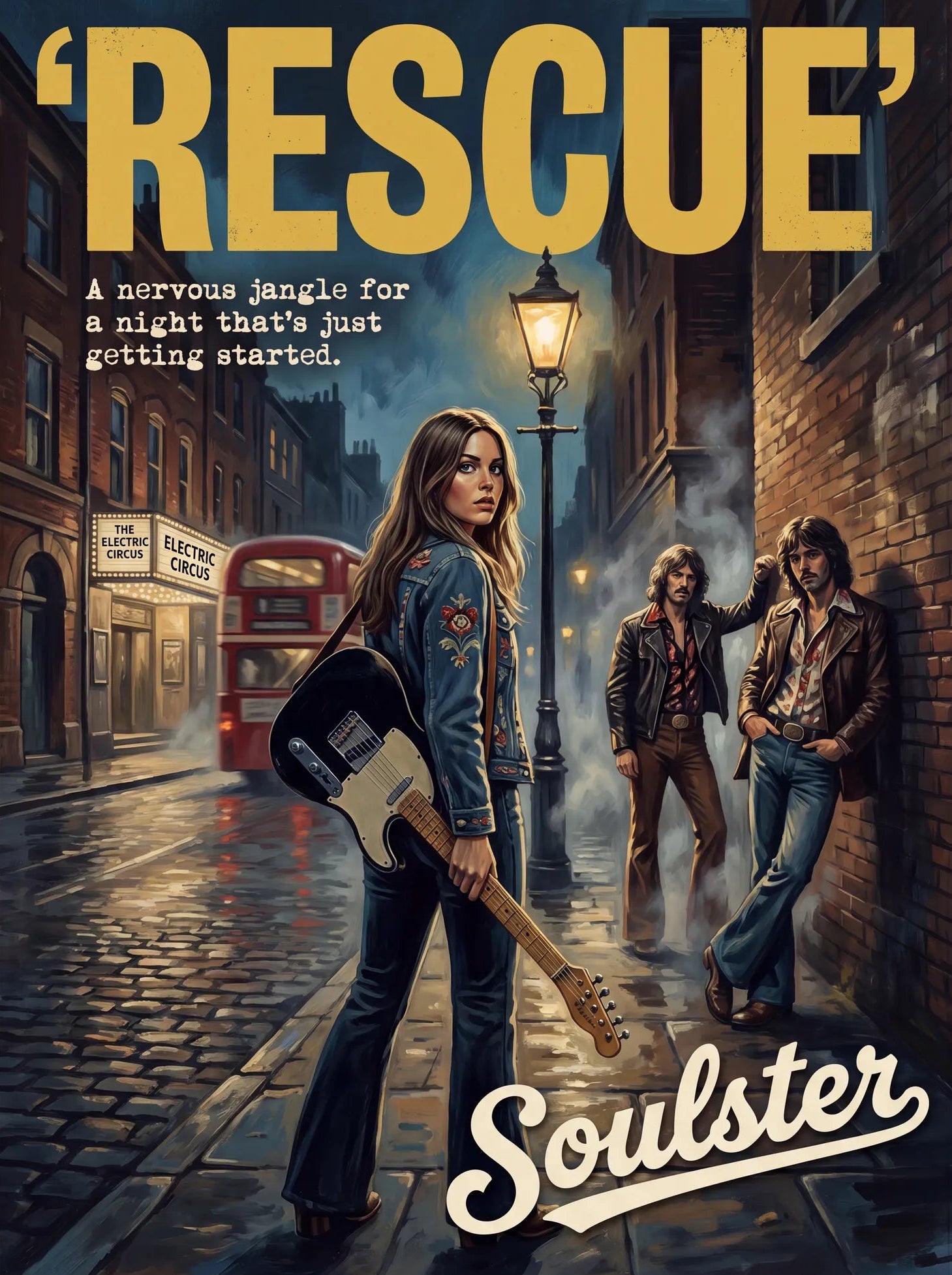 Soulster cinematic vintage pulp book cover art print illustration styled in a classic 1970s design layout inspired by Rescue.