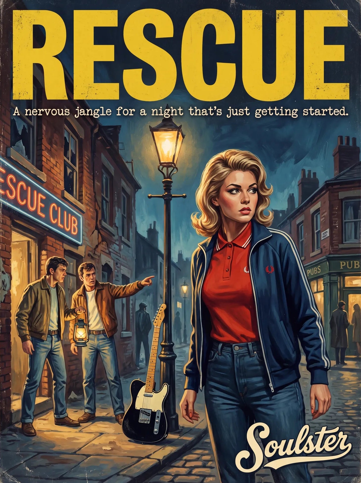 Soulster retro pulp thriller book cover style art print illustration inspired by Alternative Indie - Rescue.