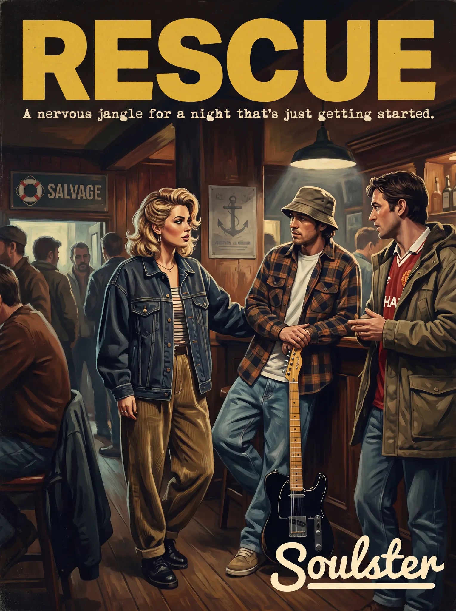 Soulster cinematic vintage pulp book cover art print illustration styled in a classic 1990s design layout inspired by Rescue.