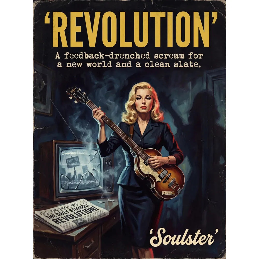 Soulster cinematic vintage pulp book cover art print illustration styled in a classic 1950s design layout inspired by Revolution.